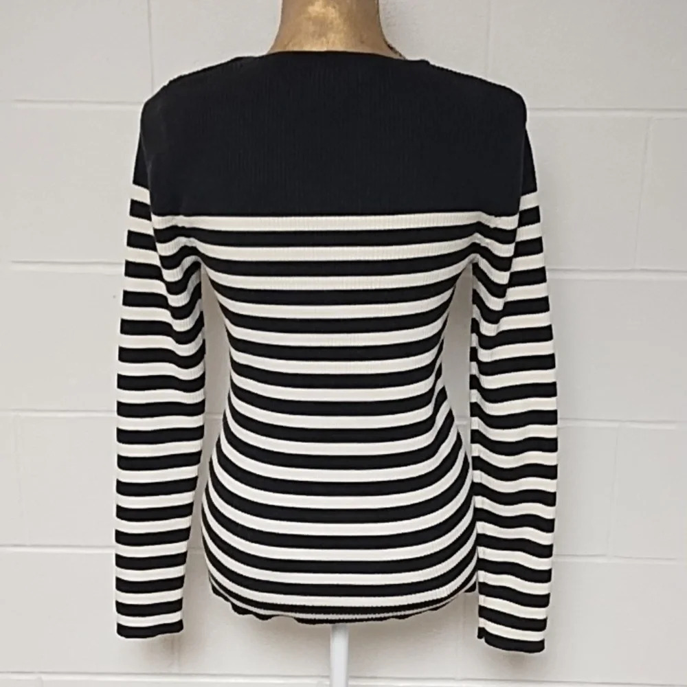 Lauren Ralph Lauren Rib Knit, Gold Button Shoulder, Gray & Cream Stripe Sweater - Picture 2 of 11